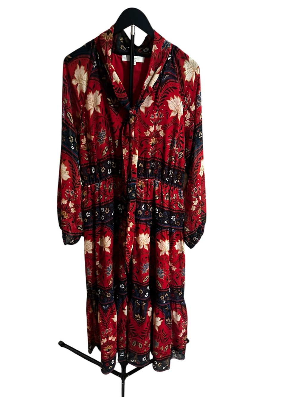 LOFT Red Floral V-Neck Tiered Midi Dress - Picture 2 of 6